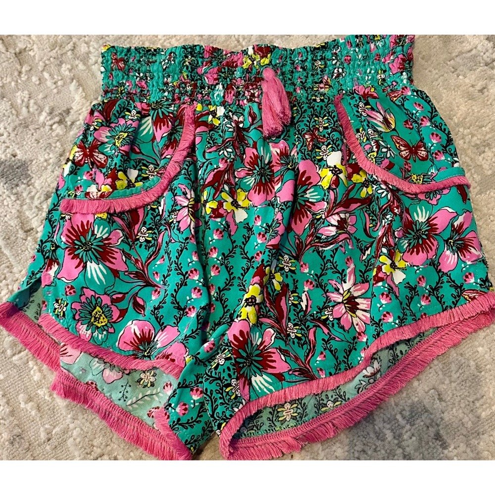 Jojoan Sleepwear Teal Floral Print Tassel‎ Trim Smocked Waist Shorts